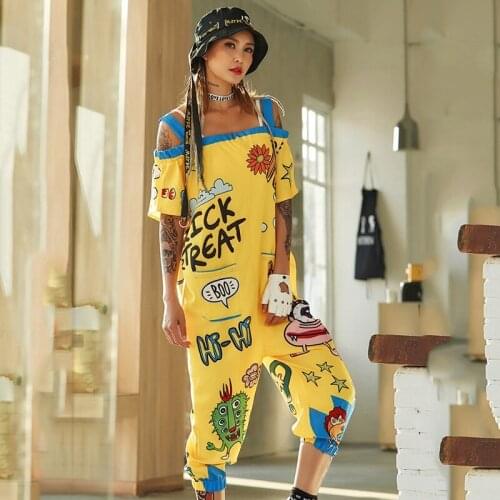 Hip Hop Costume Adults Yellow Cartoon Print Jumpsuit Women Street Dance Rave Clothes Sexy Club Dancing Outfits Stage Wear DT905