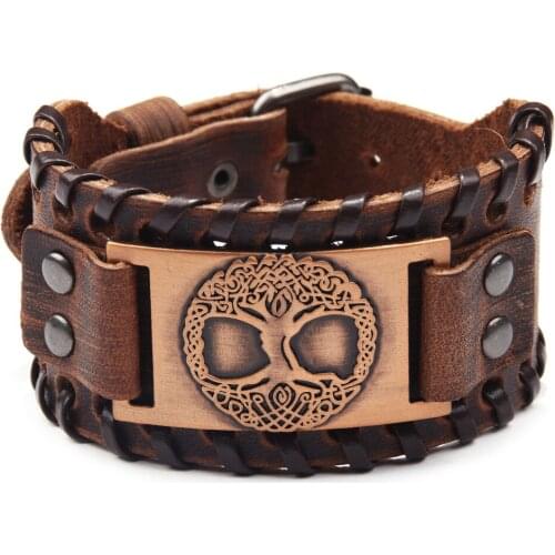 Creative Design Pattern Life Tree Alloy Wide Leather Bracelet Mens Leather Jewelry Exotic Punk Popular Mens Jewelry Bracelet