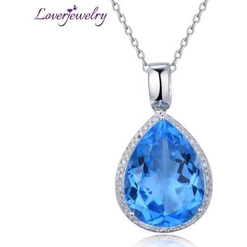 LOVERJEWELRY Pear Pendant 15x20mm 14KT White Gold Diamond Blue Topaz Pendants Necklace For Women Party Jewelry Without Chain
