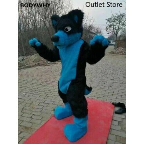 Bule Long Fur Husky Dog Mascot Costume Fursuit Fancy Dress Cosplay Halloween Furry Christmas Halloween Birthday Party Ad Opening