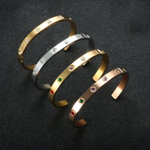 Fashion Colorful Crystal Open Cuff Bangles Stainless Steel Gold-plated Bracelet For Women Men Lover Couple Luxury Brand Jewelry