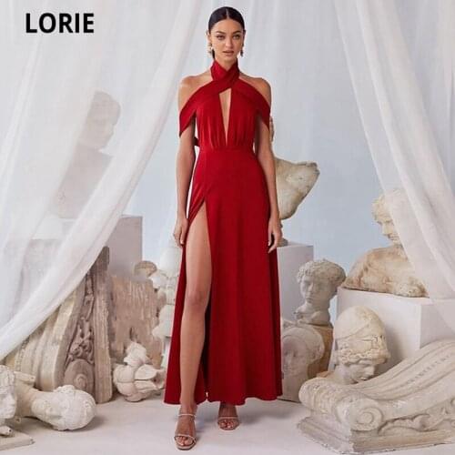 LORIE A-line Halter Off The Shoulder Long Evening Dresses 2021 Sexy Side Split Satin Prom Gowns Fromal Pageant Dresses for Women