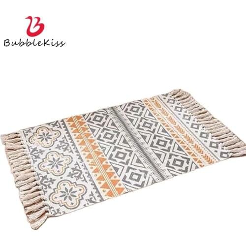 Bubble Kiss Tassels Carpet Cotton Linen Hand Woven Rug Bohemian Style Foot Pad Home Geometric Decor Carpet Living Room Floor Mat