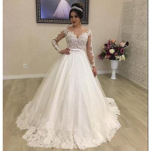 Long Sleeve Scoop Neck Lace Applique Wedding Dress Long Tulle vestido de noiva A Line Ball Gown Custom Made 2021