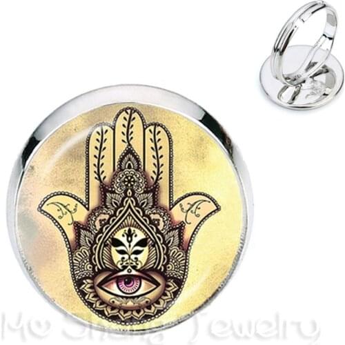Vintage Hamsa Hand Adjustable Rings Evil Eye Glass Cabochon Golden Plated 2 Color Rings Charms Fatima Jewelry For Gift