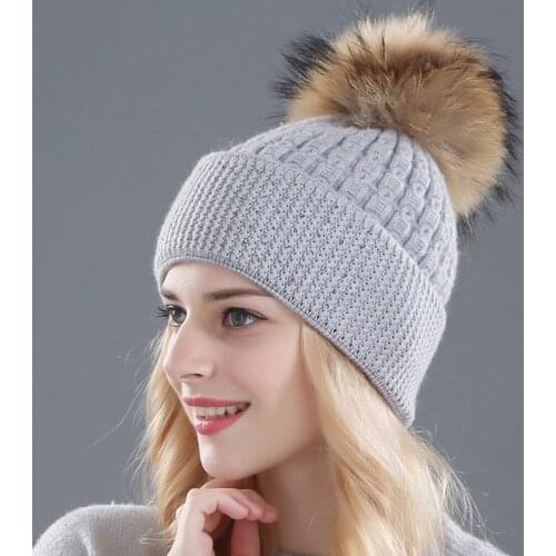 Xthree Real Raccoon Fur Winter Hat for Women Girl 's Hat Wool Knitted Beanies Hat With Pom Pom Thick Female Cap Skullies Bonnet