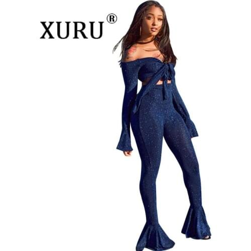 XURU Autumn New Womens Jumpsuit Two-piece European and American Hot Silver Elastic Bow Tie Jumpsuit Suit