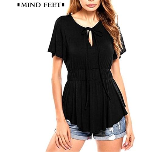 MIND FEET Women T Shirts Female Elastic Waist Knitted 2018 Summer Casual Soft Fashion O-neck Short Sleeve Bandage Lady Tops