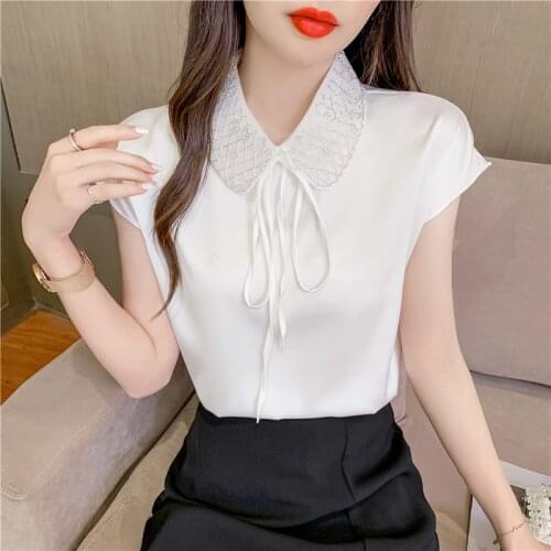 Womens Tops and Blouses Beaded Chiffon Shirts Bowknot Loose Short Sleeve Shirt Tops Blusas Mujer De Moda Verano Elegantes
