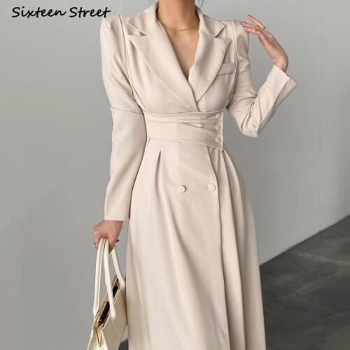 Vintage Apricot Dress Woman Single-breasted Pocket Elegant Maxi Vestido Dress Female Black Business Party Dresses Woman Summer