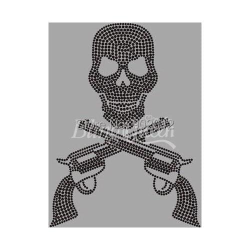 25PCS/LOT BlingQueen Rhinestud Transfers Skull with Guns Design