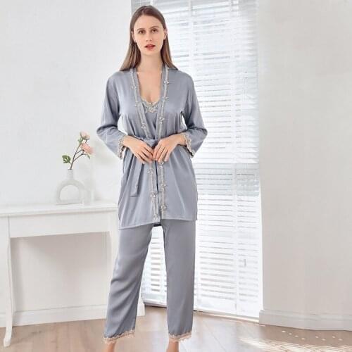 3PCS Rayon Women Pajamas Sets Sexy Strap Top Nightgown Bathrobe Pyjamas Pant Summer Lounge Sleep Suit Sleepwear Home Nightwear