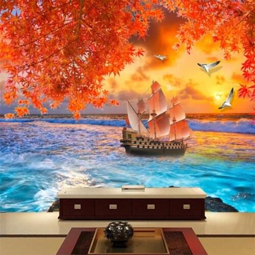 Wellyu Customized large mural environmental protection 3d wallpaper ocean sailing ship maple leaf TV background wallpaper