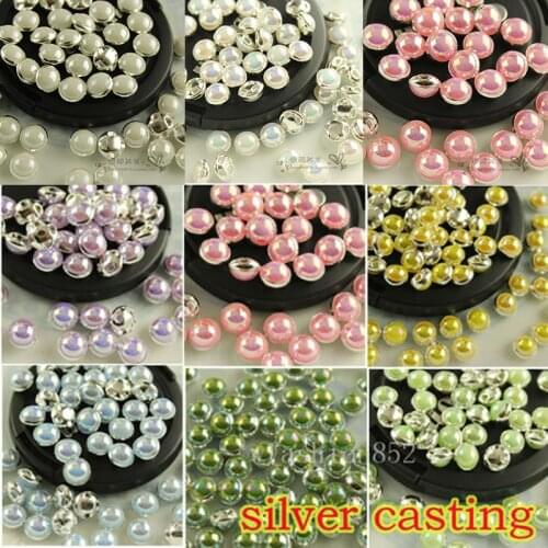 6/8mm 100p/lot AB colors Plating Half Pearls Rhinestone Beads Sliver Claw Sewing On Rhinestones For Garment Wedding Accessories
