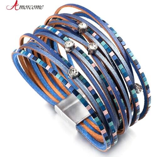 Amorcome Bohemian Multicolor Leather Bracelets for Women Fashion Slim Strips Multilayer Wide Wrap Bracelet Female Jewelry Gift