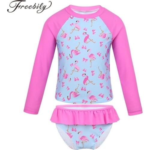 Kids Girls Long Sleeves Flamingo Printed Rashguard Tankini Swimsuit Swimwear Set Swim Tops with Ruffled Bottoms Bathing Suit