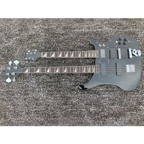Factory custom double neck electric guitar, black paint 4 string bass 6 string guitar, free mail