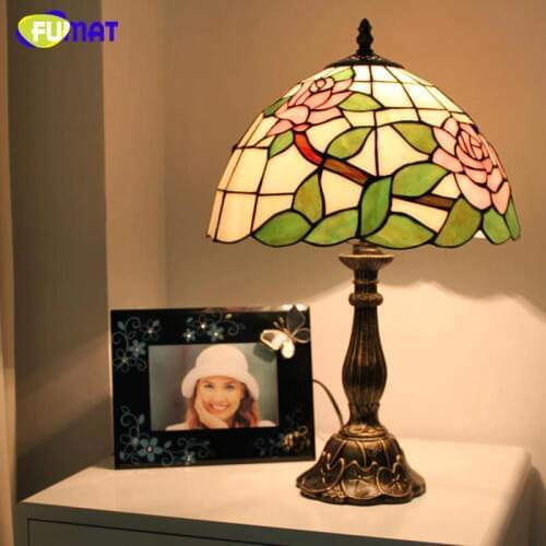 FUMAT Stained Glass Table Lamp Pink /Blue Roses Glass Art Lamp European Desk Lamp Abajur de Mesa Bedside Light Fixtures Lamps