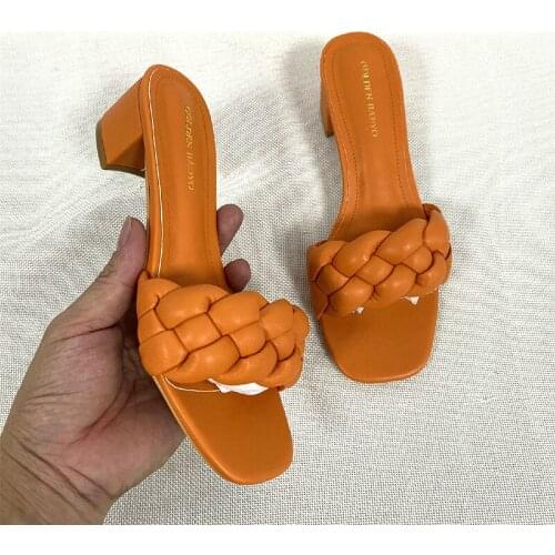 Square Low Heel Woman Sandals New Summer Shoes Weave Open Toe Vogue Sandals Women Heels Leather Casual Outside Baech Shoes