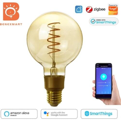 Benexmart Zigbee E27 LED Filament Bulb Tuya Smartthings App Control G95 Spiral Tungsten Bulb Smart Lamp 220v Alexa Google Home