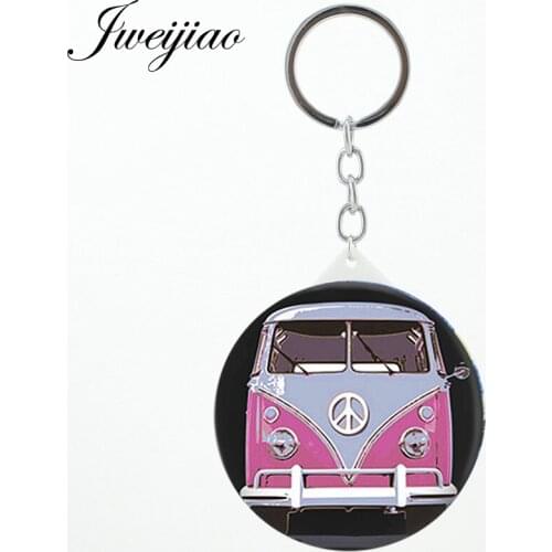 JWEIJIAO School Van Bus Art Photo Printed Mini Keychain Mirror For Students Makeup Vanity Hand Travel Purse Mirror For Bag Car
