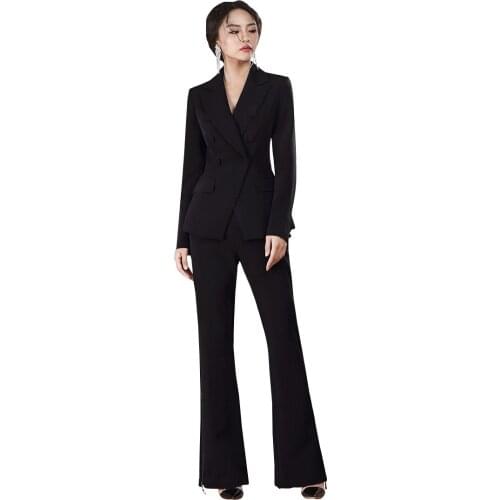 Fashion Black Women Blazer Suit Double-breasted Slim Female Blazer Pant Suit OL Style 2 Pieces Set Women Blazer Set Custom Made