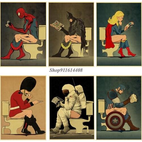 Cartoon Vintage Marvel Avengers Canvas Painting In The Toilet Funny Hero Poster Wall Art Pictures Living Room Bedroom Home Decor