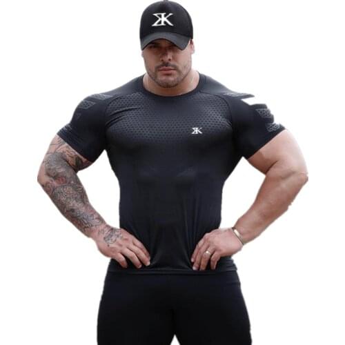 Men Tshirt Bodybuilding Hight Elasticity Quick Dry Muscle Shirts Workout Gym Fitness Mens Casual Exercise Clothing
