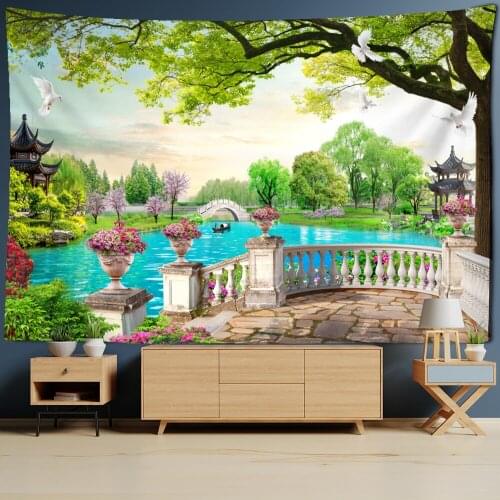 Garden Landscape Painting Tapestry Wall Hanging Bohemian Natural Scenery Tapiz Dormitory Living Room Home Decor