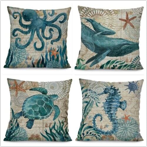 Sea Turtle Printed Cotton Linen Cushion Cover Marine Ocean Sea Horse Home Decor Pillowcase Octopus Sofa Cushion Case