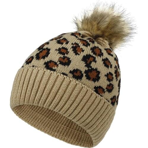 Autumn Winter Hats For Women Woolen Yarn Beanies Leopard Ladies Knitted Skullies Hat Elastic thick warm Pompom Ponytail cap