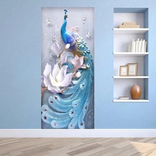 Blue Peacock Door Stickers 3D Flowers Home Decoration Waterproof Self-Adhesive Door Decals Embossed Wall Mural Bedroom Decor