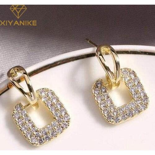 XIYANIKE Rhinestone Shiny Earrings Gold Elegant Luxury Square Cutout Fashion Earrings For Women 2020 Jewellery Wholesale