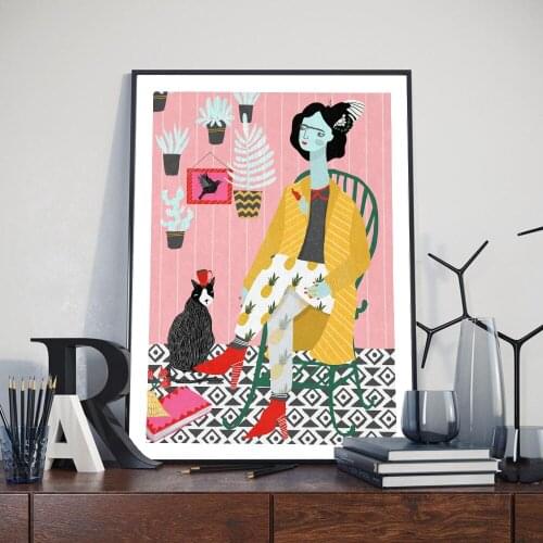 Nordic Modern Abstract Painting Colorful Womana and Cat Canvas Painting Art Print Poster Picture Wall Living Room Home Decor