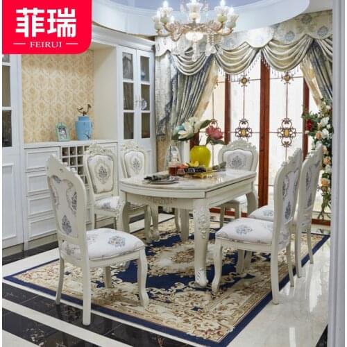European solid wood marble folding telescopic multifunctional round dining table rectangular dining chair combination furniture