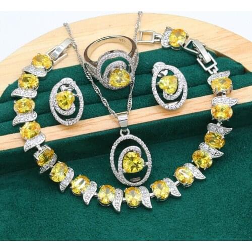 Wedding Bridal Silver Color Jewelry Set for Women Yellow Zircon Dubai Bracelet Pierced Earrings Necklace Ring Christmas Gift