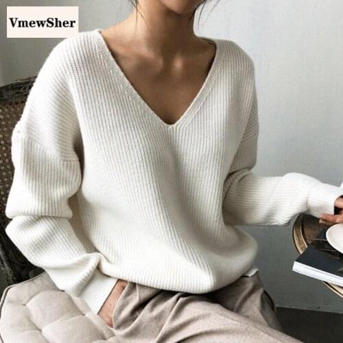 VmewSher New Irregular Women Sweater Autumn Winter V-neck Pullovers Long Sleeve Knitwear Basic Casual Retro Elegant Knitted Tops