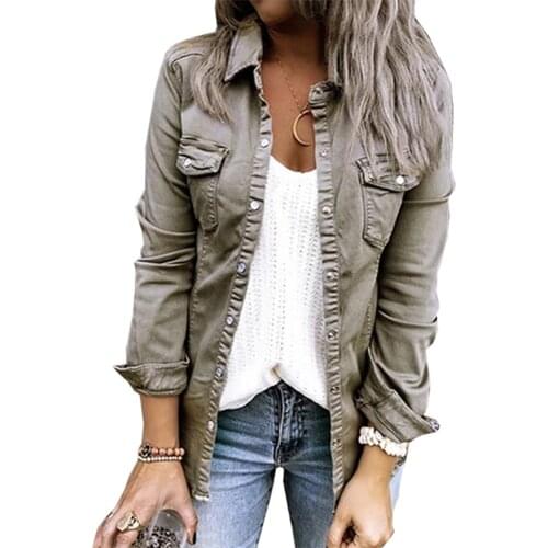 Ladies Denim Shirt Retro Street Style Shirt Casual Fashion Long Sleeve Khaki Jacket 2021 Fall New y2k
