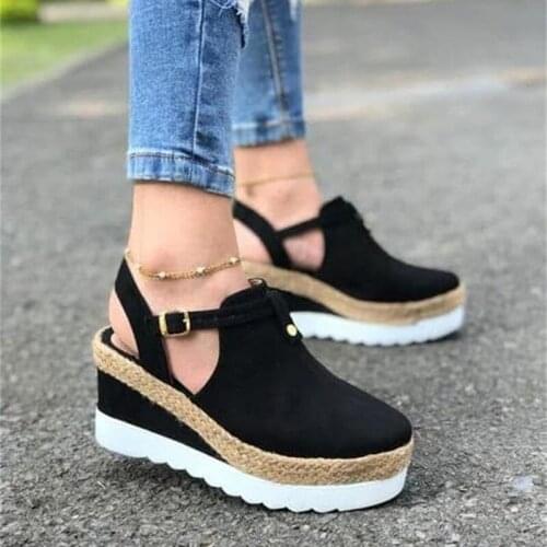 Womens Sandals Vintage Wedge Shoes Woman Buckle Strap Straw Thick Bottom Flats Platform Sandals Flock Female Shoes Summer 2020