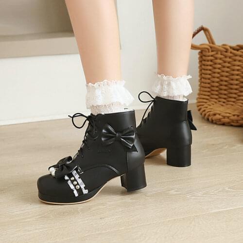 2021 Women Boots Sweet Female Single Shoes Roune Toe Ankle Boots Bowtie Med Heels Girls Cosplay Shoes Japanese Style