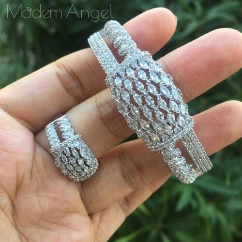 ModemAngel Brilliant Pave Zirconia CZ Bracelets Bangle And Ring Set For Women Engagement Party Gift Fashion Jewelry