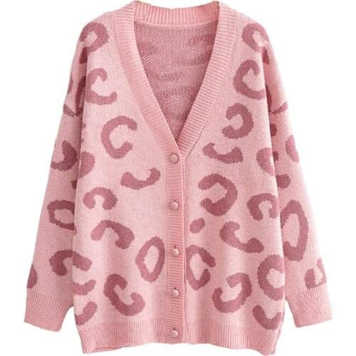 Aonibeier 2021 Za Woman Casual Traf Sweaters Autumn Winter Leopard Jacquard Drop Shoulder Loose Knit Cardigan Female Jacket Tops