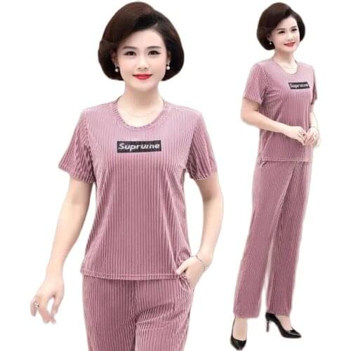 2021Summer New Gold Velvet Ladies Suit Style Fashion Round Neck Short Sleeve Female Sportswear Leisure Womens Two-Piece Suit