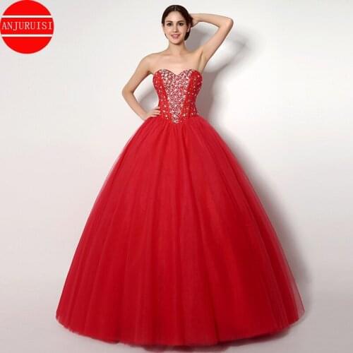 Charming Beaded Crystals Ball Gowns Quinceanera Dress Sweetheart Red Tulle Debutante Sixteen Prom Party Gown Vestidos De Lace UP
