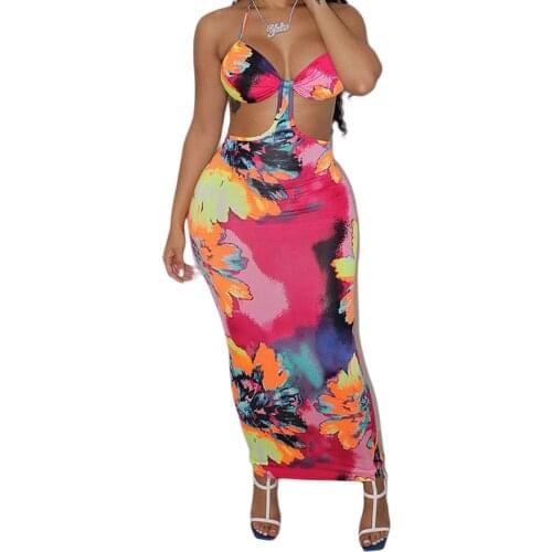 Women Close-fitting Sexy Slip Dress, Printed Pattern V-neck Hollow Out , Rosy/ Coffee