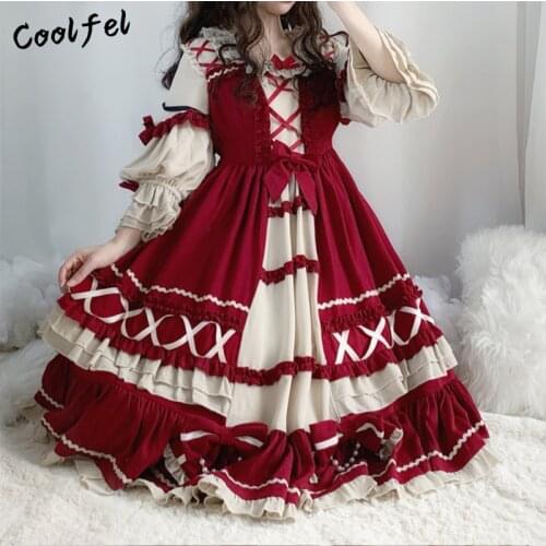 Japanese Harajuku Retro Lolita Dress Women Patchwork Red Bow Layered Ruffles Princess Lolita Dresses