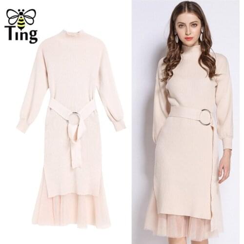 Tingfly Women Winter Autumn Casual Knitting Dress Fashion Knit Dress with Mesh Skirt 2 pcs Set Women Dress Vestidos Streetwear
