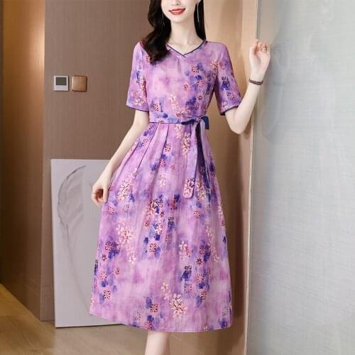 Summer Vintage Ramie Purple Floral 3XL Dress 2021 Casual Elegant Cotton Linen Print Beach Midi Dress Women Bodycon Party Vestido
