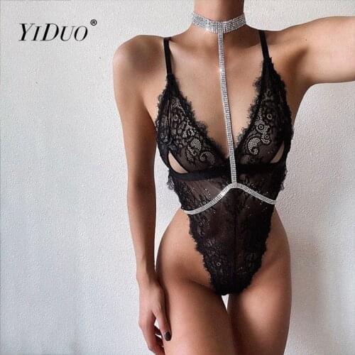 YiDuo V-Neck Cut Out Chest Lace Bodysuit Women Lingerie Sexy Black Bodysuit 2020 Erotic Transparent Body Jumpsuit Party Clubwear
