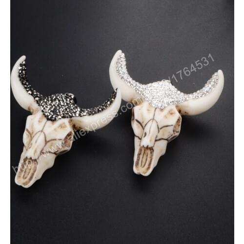 BOROSA 10pcs Druzy Jewelry Longhorn resin horn cattle pendants bull cattle pendants Paved Black/White Zircon JAB337